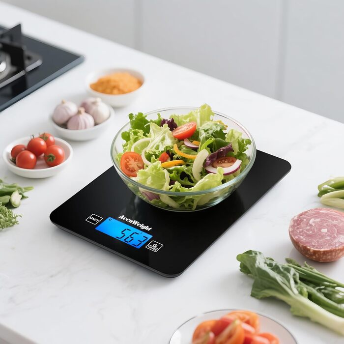 Кухонні ваги ACCUWEIGHT з Bluetooth та підрахунком калорій (4 батарейки) – цифрова вага для їжі до 5 кг з LCD дисплеєм, підходить для приготування їжі та схуднення CK780