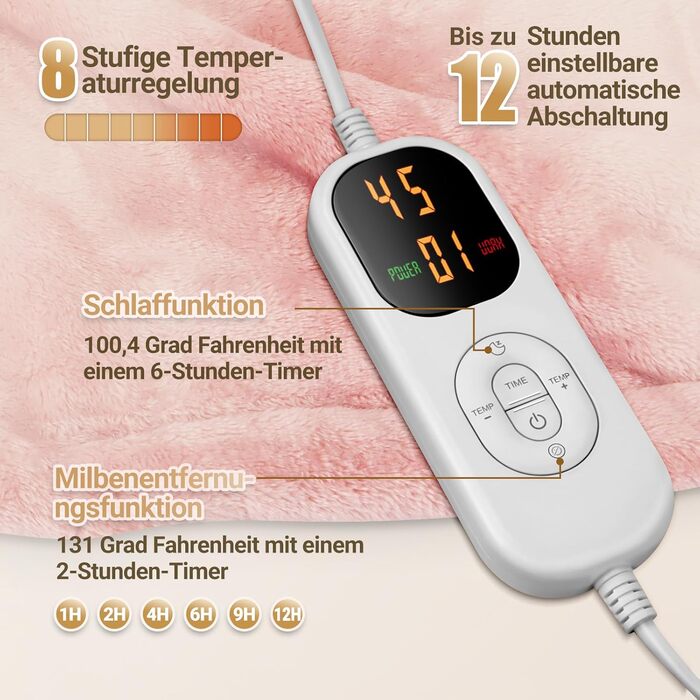 Електрична ковдра з автовимкненням 130x180 см, 8 рівнів нагріву, таймер 12 годин, пральна машина, флісова ковдра для ліжка, дивана, офісу, рожева