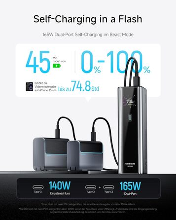 Power Bank CUKTECH 15 Ultra 20000mAh 165W з 3 портами, PD 3.1, цифровим дисплеєм. Сумісний з iPhone, MacBook, Samsung