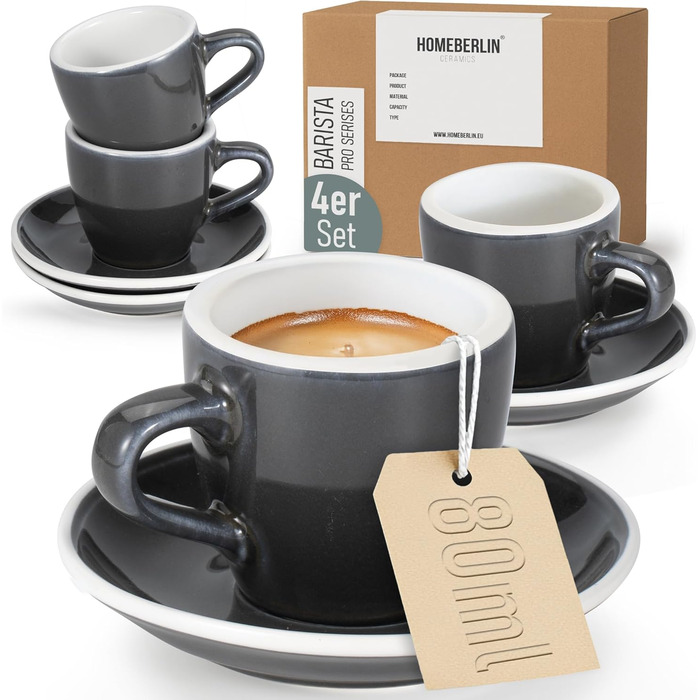 Набір еспресо-чашок Homeberlin Barista Pro - 4 шт. по 80 мл - Преміум якість, ручна робота, сірий глазурований стеглинний фарфор з підставками