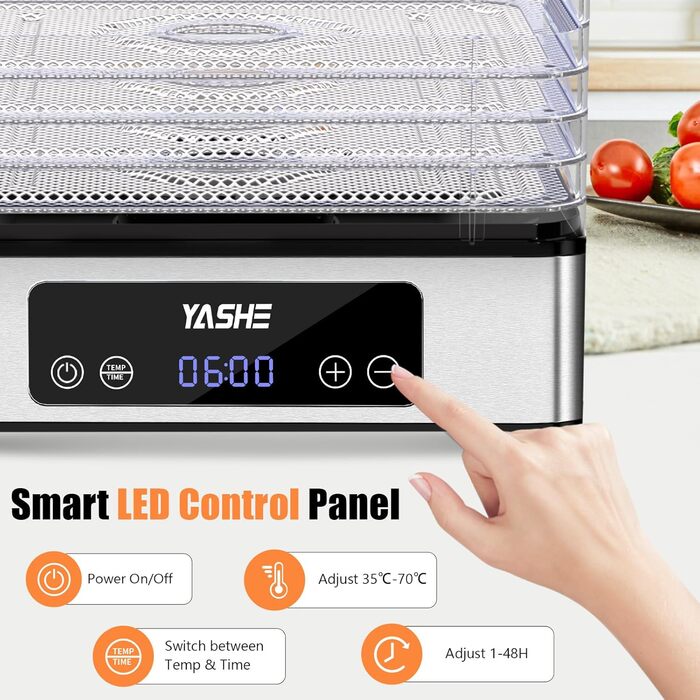 Електричний дегідратор YASHE з нержавіючою сіткою, 5-ярусний, 400W, з таймером для м'яса, фруктів, овочів, трав та собачих ласощів. 5 ярусів з нержавіючої сталі