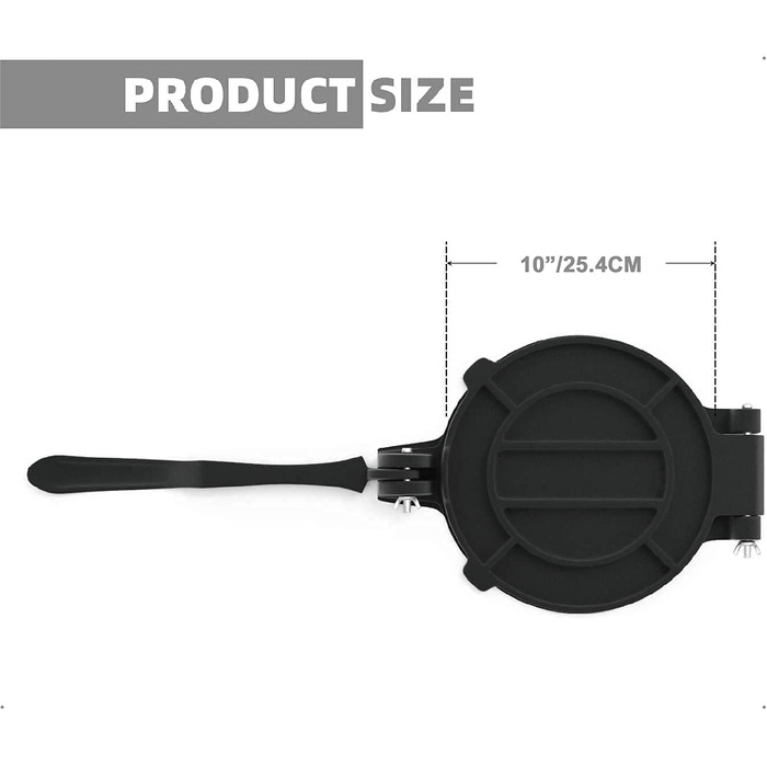 Прес для тортильї - чавунний 25 см, Roti Maker, попередньо приправлений, важкий, регульований, з папером для випічки, чорний