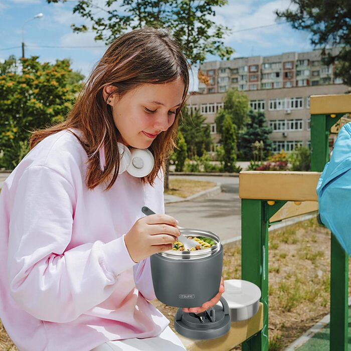 Термоконтейнер для їжі Itslife 970мл, термоконтейнер з кришкою, з нержавіючої сталі з ложкою, термотермос для їжі, ланчбокс для супів, дитячого харчування, каші (зелений, сірий)