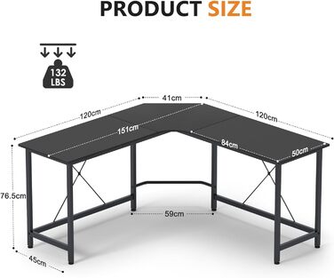 Так званий комп'ютерний стіл Кутовий стіл L-подібний кутовий стіл Великий ігровий навчальний стіл для домашнього офісу та офісу (120 x 50 x 76,5 см, чорний)