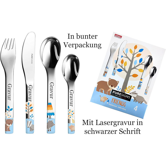 Дитячий набір посуду Kinderbesteck Friends з зображенням тварин та індивідуальною гравіюванням/іменем (лісові тварини: ведмідь, барсук, кабан)