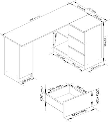 Кутовий письмовий стіл B-20 з 3 висувними ящиками, 2 полицями та відділенням для полиць з дверцятами Письмовий стіл Кутовий стіл Кутовий стіл для домашнього офісу Легке встановлення W155 x H77 x D85, 60 кг (Oak Craftбілий)