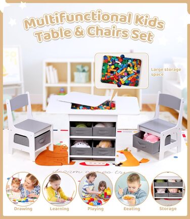 Дитячий стіл зі стільцями, ігровий стіл для дітей з місцем для зберігання. Набір меблів для дитячої кімнати (Сірий)