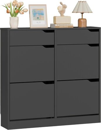 Шкаф для взуття IRONCK з 4 дверцятами, вузький, з 2 висувними ящиками, окремо стоячий, з регульованими перегородками, для передпокою, входу та вітальні (Білий) Білий (100x23.5x98см, Чорний)