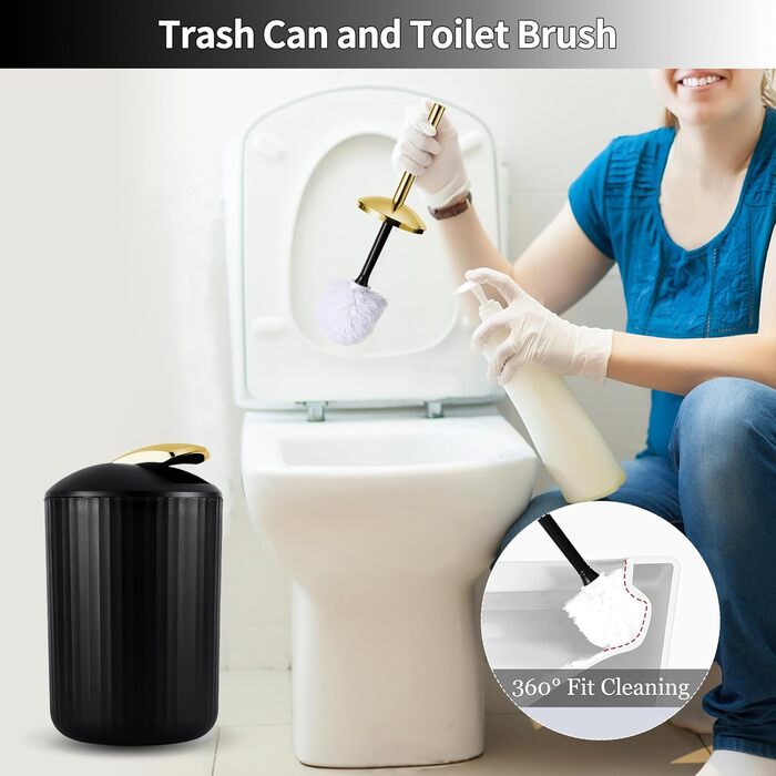 Набір аксесуарів для ванної кімнати 9 шт. Чорний та золотий: відро, органайзер для косметики, дозатор мила, мильниця, тримач для зубних щіток, стаканчик для щіток, WC-щітка, контейнер для ватних паличок