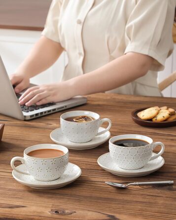 Набір посуду Malacasa LYDIA для 4 осіб (16 предметів): тарілки, чашки, чайний сервіз з рельєфом, бежевий