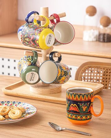 Набір кавових чашок Henten Home з порцеляни, 6 шт., 250 мл, ручної роботи, для 6 осіб (250 мл чашки, 400 мл підставки)