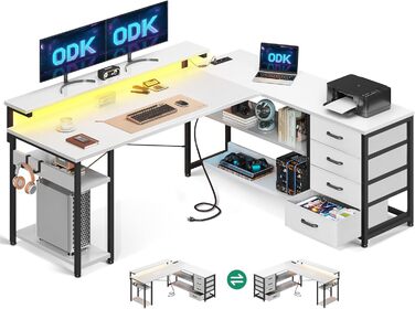 Письмовий стіл ODK з шухлядами 155×110 см, кутовий офісний стіл у формі L з LED підсвіткою, розетками та USB, білий