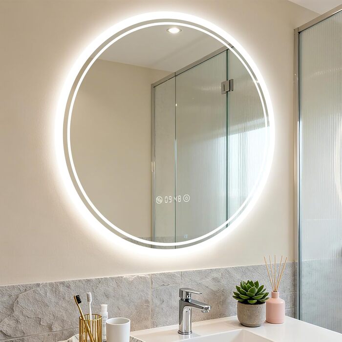 LED дзеркало для ванної кімнати з підсвічуванням 40x60 см - проти запотівання, 3 кольори, регулювання яскравості, подвійний сенсорний вимикач, пам'ять вимкнення, для ванної/туалету - горизонтальний/вертикальний монтаж