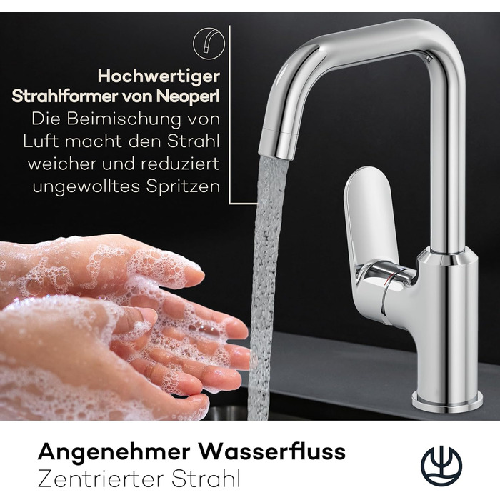 Змішувач для умивальника KLUDI-X1 з витяжним корком, поворотний на 360°, висота виливу 205 мм, водозберігаючий, розмір L, з підключувальними шлангами (без зливної арматури, хром)