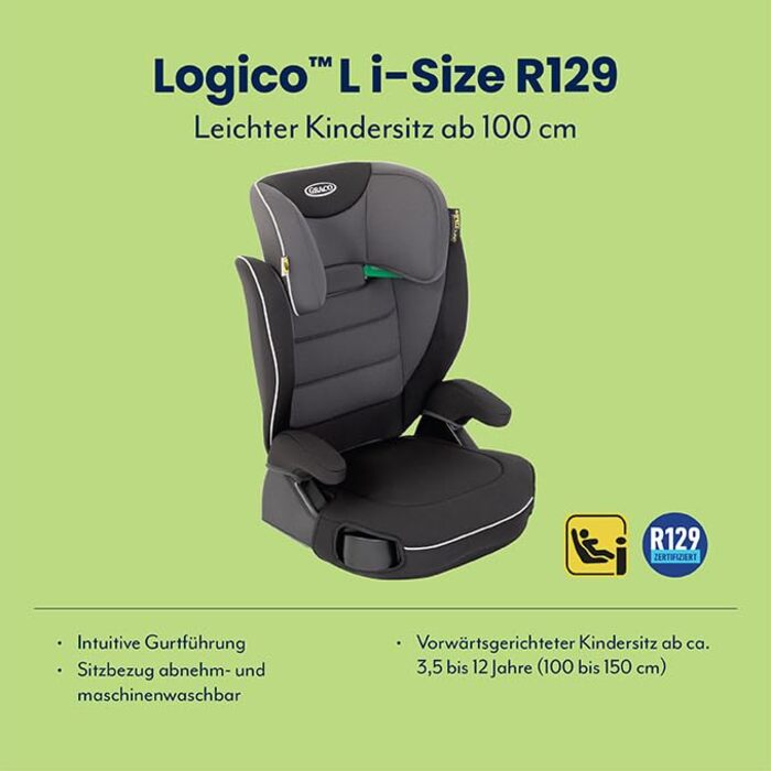 Автокрісло Graco Logico™ L i-Size R 129: 3,5-12 років, 100-150 см, регульовані підлокітники, знімний чохол, кріплення ременем безпеки, чорний колір, Midnight
