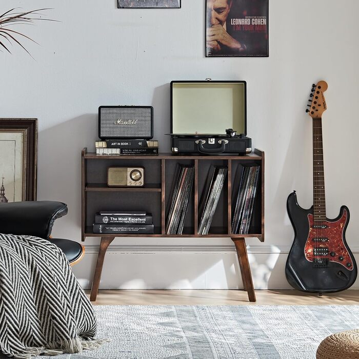 Сумка-органайзер для вінілових платівок LELELINKY: стійка з 4 полицями, вміщує до 220 платівок, з міцними дерев'яними ніжками, Mid-Century дизайн, білий колір, для проигрывателя (Braun)