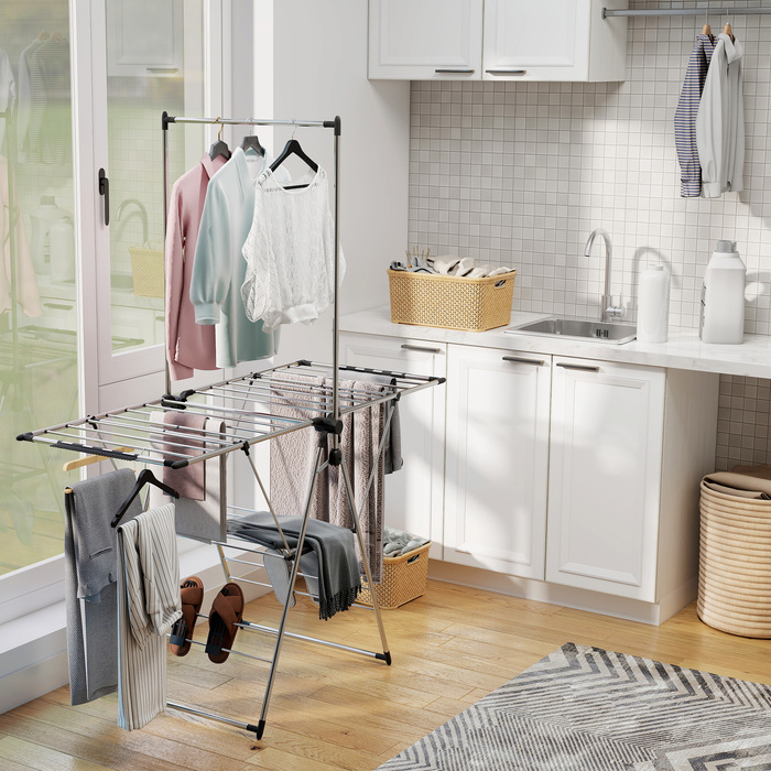 Сушилка для білизни складна, підлогова з регульованими крилами, тримачами для взуття, нержавіюча сталь, 156,5 x 68 x 192 см, срібляста