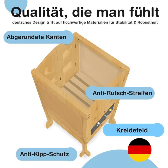Дитячий навчальний столик-сходинка (1 рік+) з сіткою безпеки 360° - стабільний, масивний, з анти-кидкою, білий (натуральне дерево)