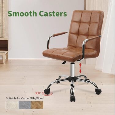Крісло офісне Clatina Leder з підлокітниками, шкіряне, ергономічне, поворотне, регульоване по висоті, для дому та офісу, коричневе, 160 кг, 1 шт.