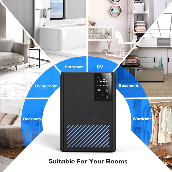 Електричний осушувач повітря 2500 мл з автоматичним вимкненням та системою відтавання, 7 кольорів підсвічування, тихий осушувач для дому, портативний, білий (чорний)