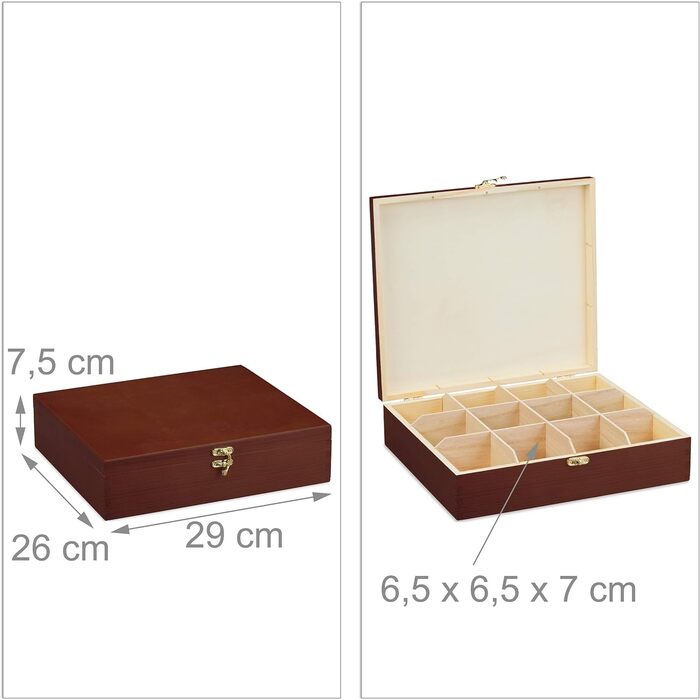 Коробка для чаю Relaxdays, 12 відділень, дерево, органайзер, ВхШхГ 7,5 х 29 х 26 см, коричнева
