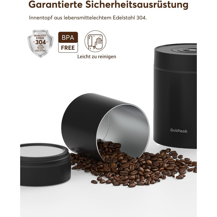 OUTPEAK Neo 2025 Kilo Auto-Vakuum-Kaffeedose: Контейнер для кави з авто-вакуумним насосом, 1,5 л, для 500 г кавових зерен, з кнопкою, з нержавіючої сталі, для бариста, подарунок (великий, матовий чорний)