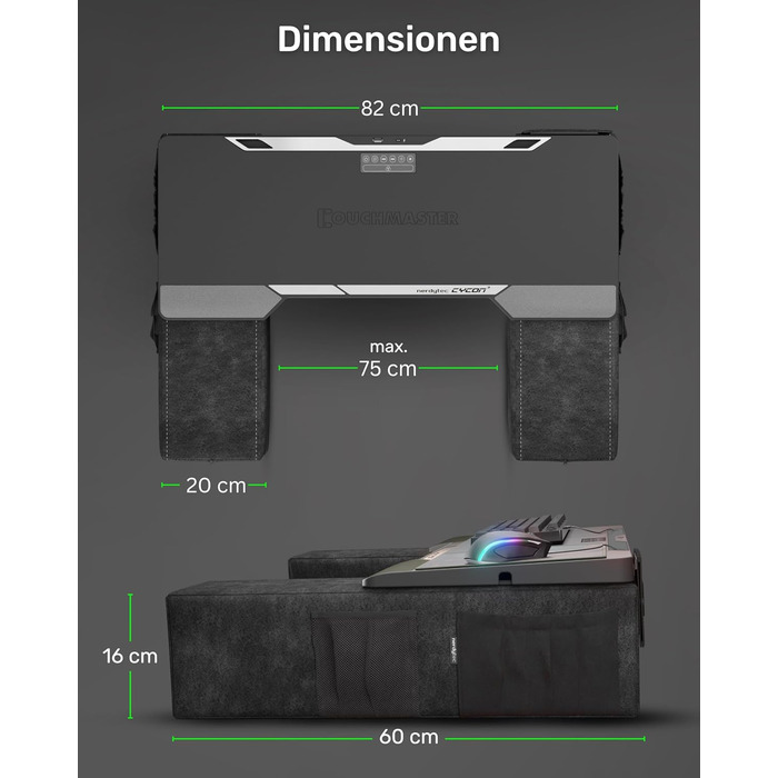 Couchmaster CYCON³ Black HORIZONLIGHT – стіл для ноутбука для геймінгу, чорний, з USB-хабом