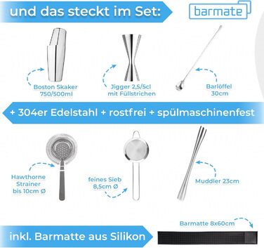 Набір шейкерів для коктейлів barmate з нержавіючої сталі Бостон, 7 предметів шейкер, джиггер, барна ложка, грубе та дрібне сито, мадлер, барний килимок