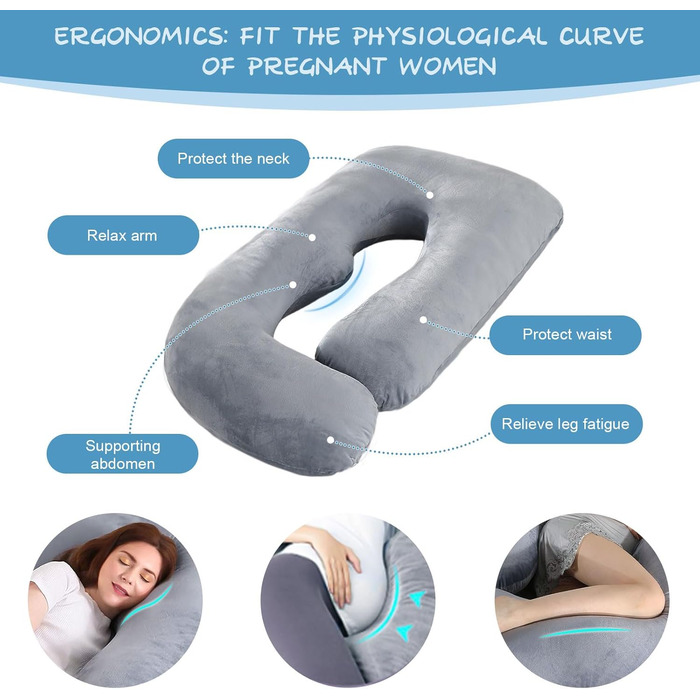 Подушка для вагітних Otauoaea J-подібної форми, подушка для годування XXL, подушка для сну на боці, 145x70 см (світло-сіра)
