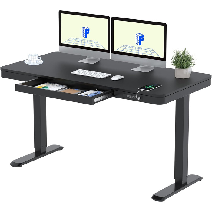 Електричний регульований стіл FLEXISPOT з підйомною функцією, USB-порт, ящик для зберігання та скляною стільницею (сніжно-білий), 140 x 70 см, Luxusschwarz