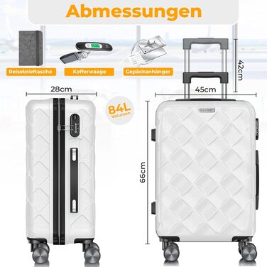 Чемодан KESSER® 84L з ABS-пластику з кодовим замком, вагами та органайзером | Чемодан на колесах 360° для подорожей та бізнесу (Snow White, 66см)