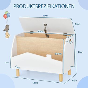 Дитяче книжкове та іграшкове шафка SOARS 2 в 1, білий, 60 x 30 x 44 см. Масивні дерев'яні ніжки, органайзер для іграшок з кришкою та відкритими полицями. Шафа для дитячої кімнати.