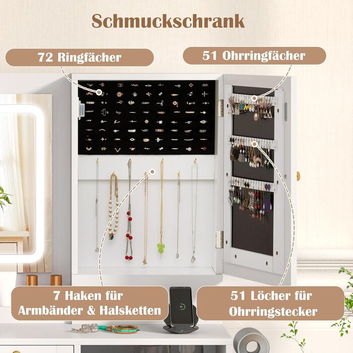 Тумбочка для макіяжу з LED-підсвічуванням COSTWAY, туалетний столик з зарядкою, дзеркало, пуф, 3 ящики, місце для фену, білий + золотий