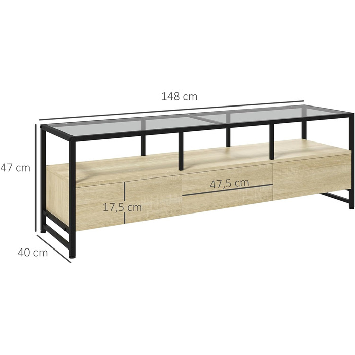 Тумба під телевізор HOMCOM, тумба під телевізор з 3 тумбами, ТВ-дошка з відкритим відділенням, тумба під телевізор, тумба під телевізор з низькою підвіскою для телевізорів до 65', сталь, дуб 148 x 40 x 47 см