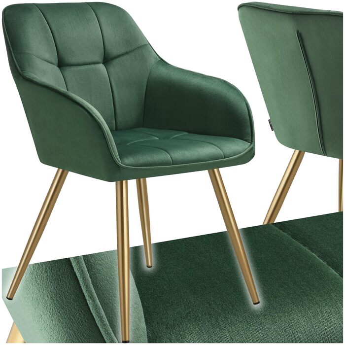 Крісло tectake® з оксамиту, сучасні кухонні стільці, крісло для вітальні, стілець для туалетного столика - (набір 1 шт, темно-зелений/золотий)