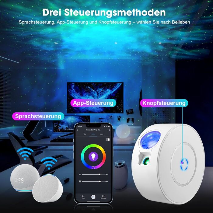 Проєктор зоряного неба Smart Sternenhimmel WiFi з пультом, додатком та голосовим керуванням, 16 млн кольорів, тихий (25 дБ), 4 кути нахилу - білий