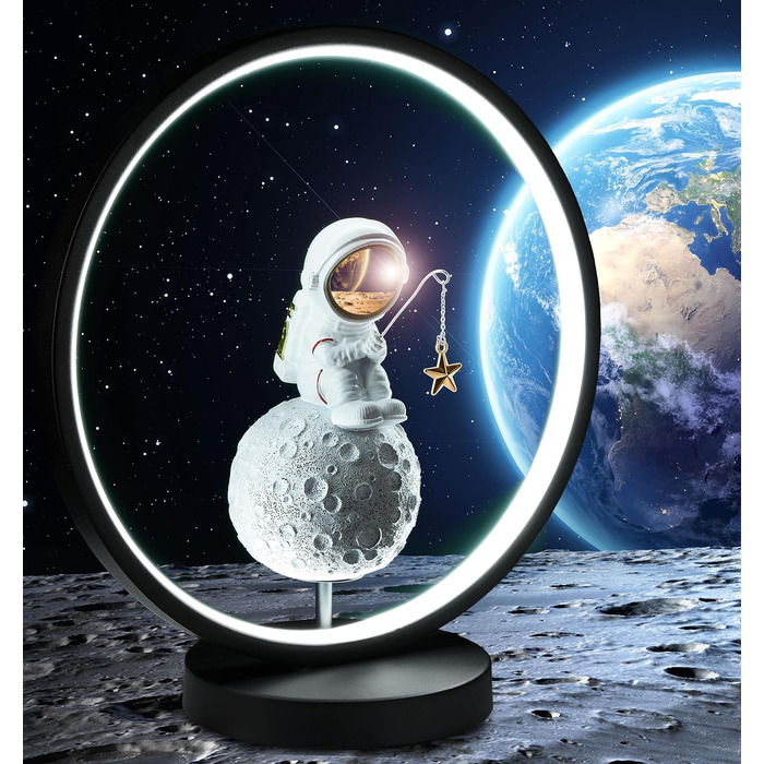 Астронавт на Місяці з вудкою - Настільна лампа 32 см зі світлодіодним кільцем - Космічна приліжкова лампа з непрямим освітленням і штекером USB-C - Декоративний світильник ручного розпису для сучасних космічних подорожей (шолом золото)