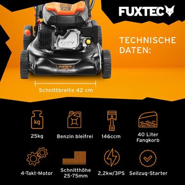 Бензинова газонокосилка FUXTEC FX-RM4646ECO 3в1 • 3,5PS, 2,6kW, 46см ширина зрізу, 50л травосбірник, мульчування, викид ззаду