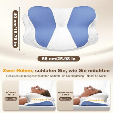 Ортопедична подушка для шиї та плечей - подушка з Memory Foam для сну на спині, боці та животі, ергономічна подушка з підтримкою шиї (66 x 40 x 14 см) - 1 шт.