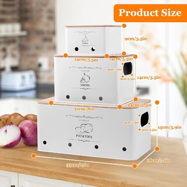 Набір контейнерів для зберігання картоплі, цибулі та часнику (3 шт.), бамбуковий кришка, білий