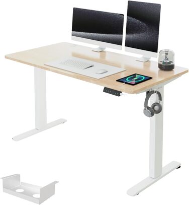 Регульований за висотою стіл Airfish з USB-роз'ємом, електричний стіл з кабельною коробкою, комп'ютерний стіл, офісний стіл, стоячий стіл з нагадуванням про сидячу роботу, 160x80 см, Бежевий & Білий