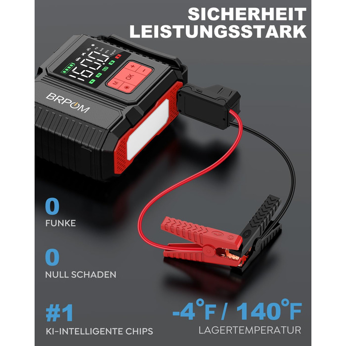 Портативний пусковий пристрій BRPOM з компресором та LED-ліхтарем, 26800mAh, 160PSI, сумісний з бензиновими та дизельними двигунами (до 12.0L)