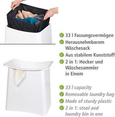 WENKO 2в1 пуф-кошик Wing Білий - для збору білизни, табурет для ванної кімнати з винімним мішком для білизни, об'єм 33 л, пластик (ABS), 45 x 48 x 33 см, білий