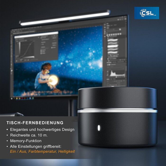 LED-лампа для монітора CSL Screenbar USB з пультом дистанційного керування, регулювання яскравості, 3 колірні температури, захист очей, поворотна