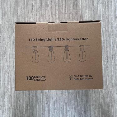 LED гірлянда для зовнішнього використання, вологостійка IP65 з 15+1 лампочками E27 2700K тепле біле світло для саду, тераси, вечірок. Довжина 30 метрів. [Енергоклас G]