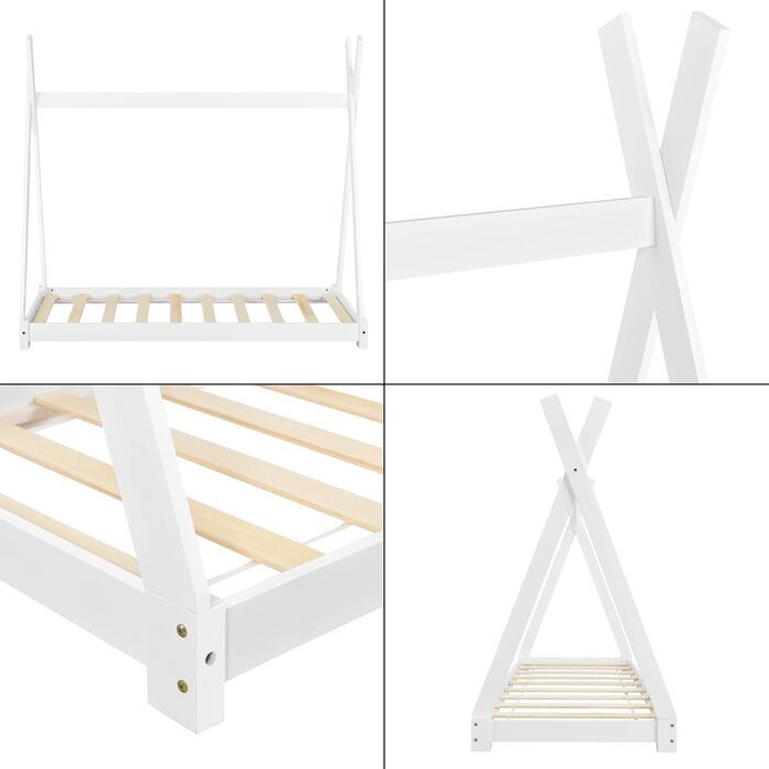 Ліжко дитяче Onejda від en.casa, Tipi-дизайн, 80x160 см, з натурального дерева, біле