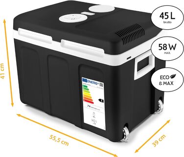 Електричний охолоджувач TZS First Austria 45 літрів Підключення 12 вольт і 230 вольт Мобільний міні-холодильник на колесах для кемпінгу, фестивалів, подорожей з функцією збереження тепла сірий (45 л Чорний)