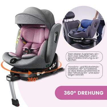 Дитяче автокрісло, що обертається на 360 Jovikids, з ISOFIX, i-Size (ECE R129) Дитяче автокрісло групи 01/2/3 Автокрісло, звернене проти напрямку руху, з функцією відкидання та знімним навісом (40-150 см, 0-36 кг, 0-12 років) (рожевий)