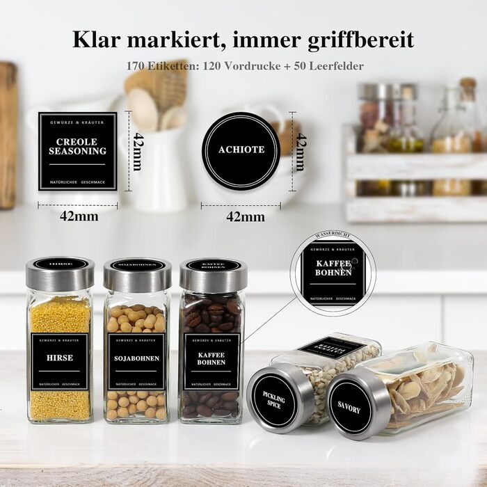 Набір скляних банок для спецій на 24 шт. (120 мл, кутові, герметичні) з кришками з нержавіючої сталі, етикетками та ситами - набір спецій, включаючи воронку та щітку для чищення - зберігання спецій, баночки для спецій з нержавіючої сталі