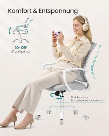 Офісне крісло SONGMICS ергономічне сітчасте, стілець для комп'ютера з регулюванням висоти та функцією гойдання, дихаюча оббивка, до 120 кг, сіро-голубий (OBN022GD01)